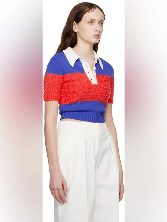 STAUD Spencer Top in Hibiscus & Atlantic Rugby Stripe Red White and Blue Texture - Picture 9 of 10